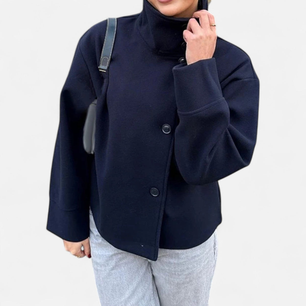 Manteau court femme col montant, double boutonnage, sept coloris