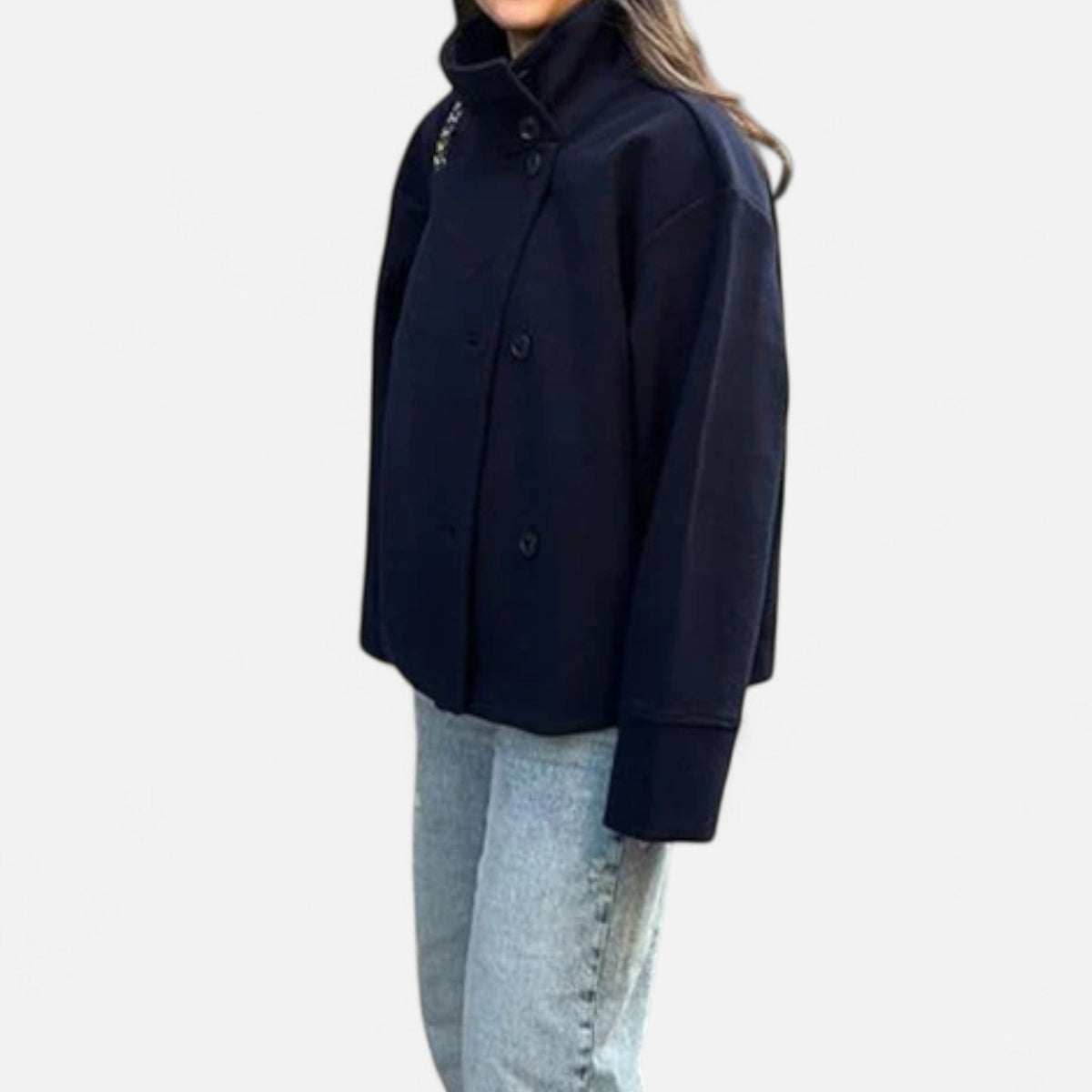 Manteau court femme col montant, double boutonnage, sept coloris