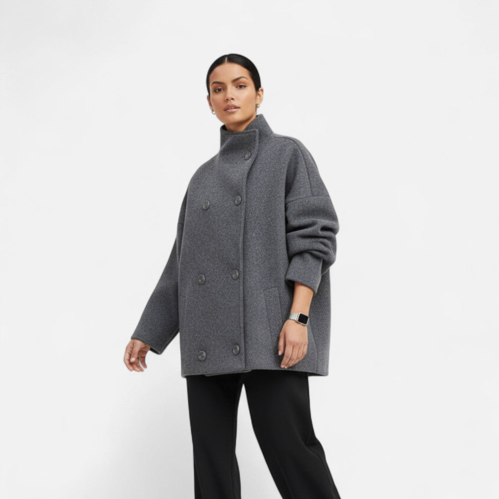 Manteau court femme col montant, double boutonnage, sept coloris