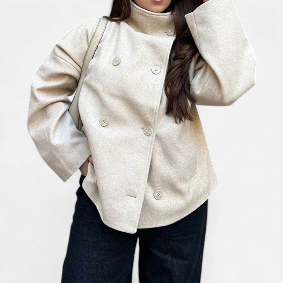 Manteau court femme col montant, double boutonnage, sept coloris