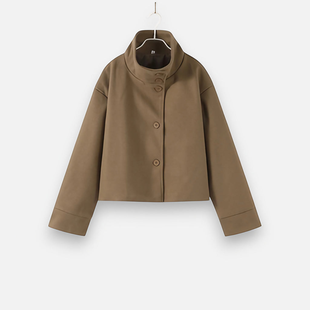 Manteau court femme col montant, double boutonnage, sept coloris, marron clair