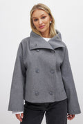 Manteau court femme à double boutonnage, coupe structurée, gris