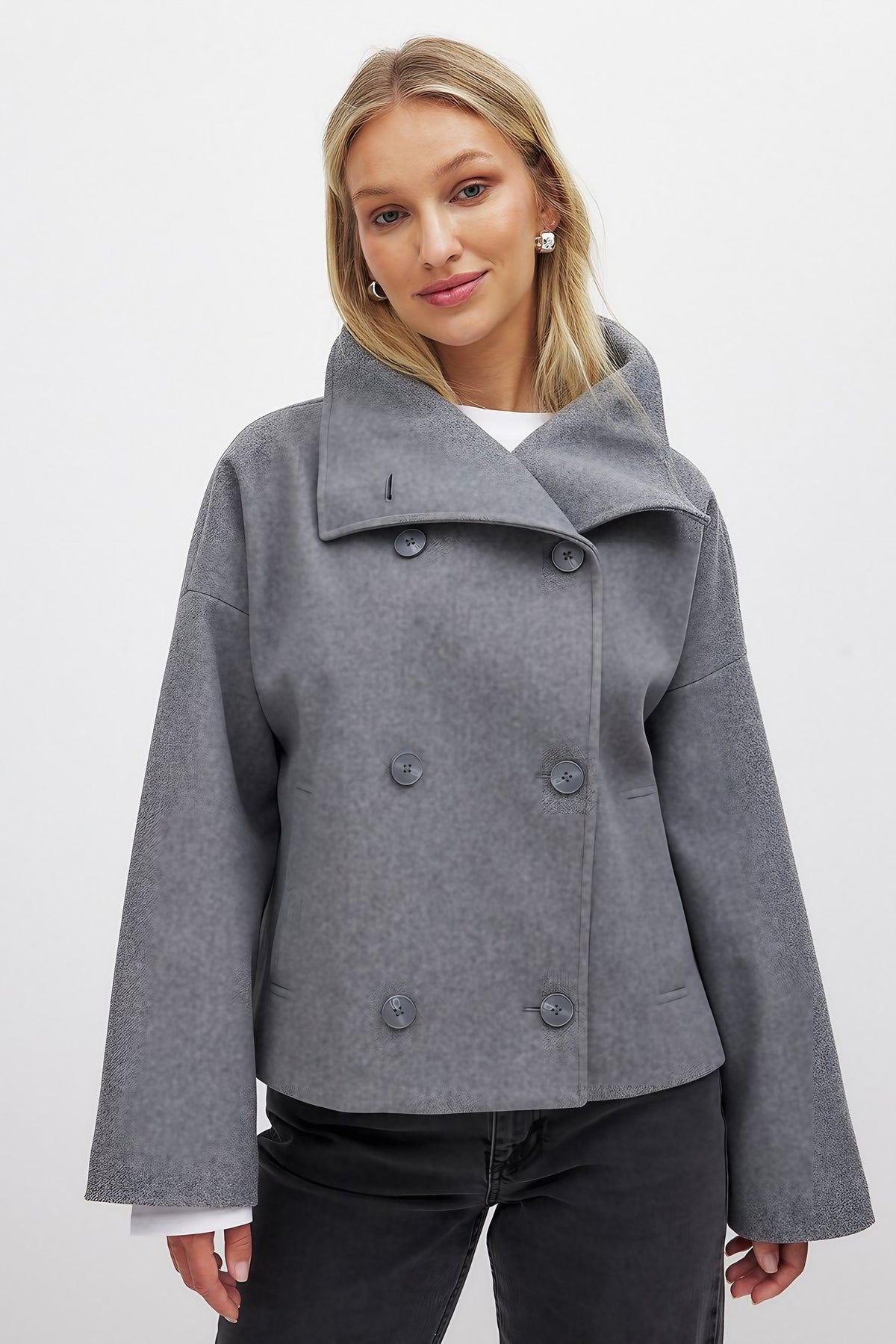 Manteau court femme à double boutonnage, coupe structurée, gris