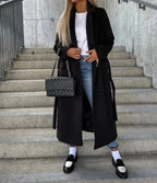 Manteau croisé femme à double boutonnage et col à revers, noir