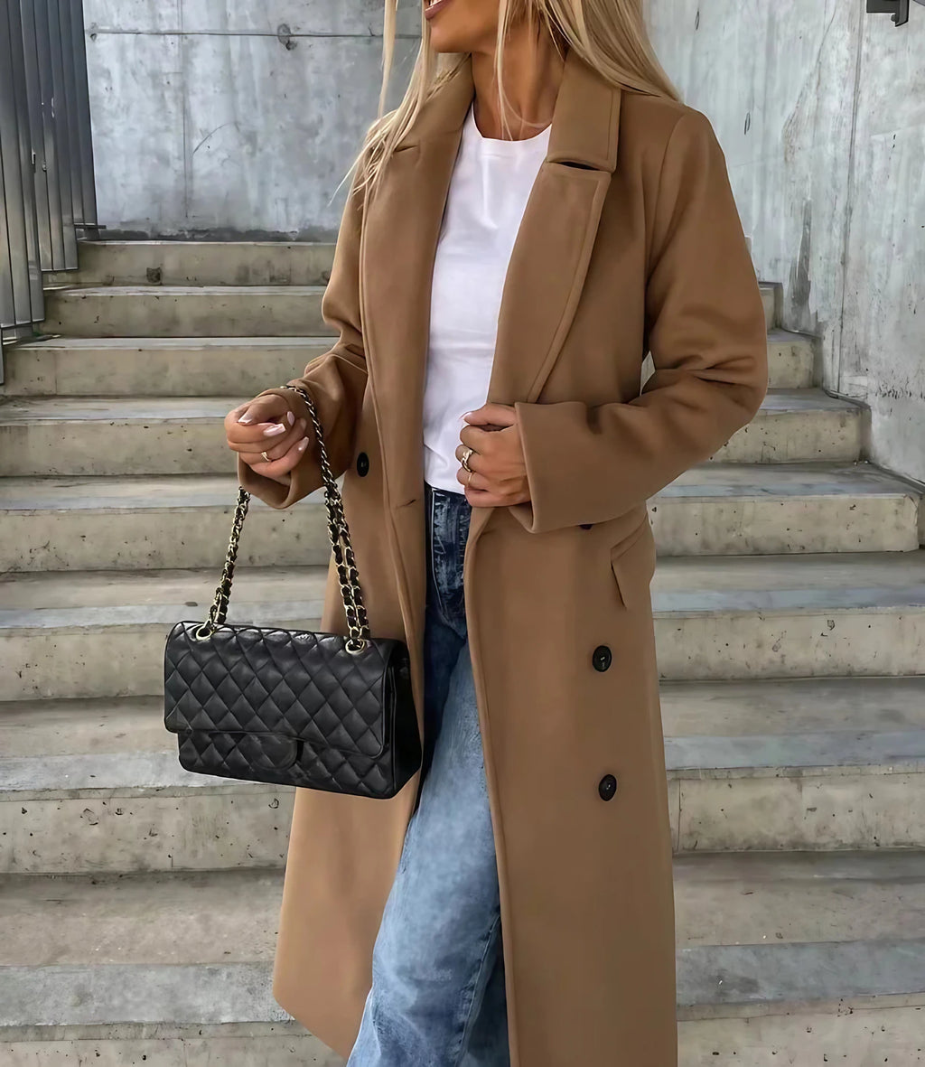 Manteau croisé femme à double boutonnage et col à revers, kaki