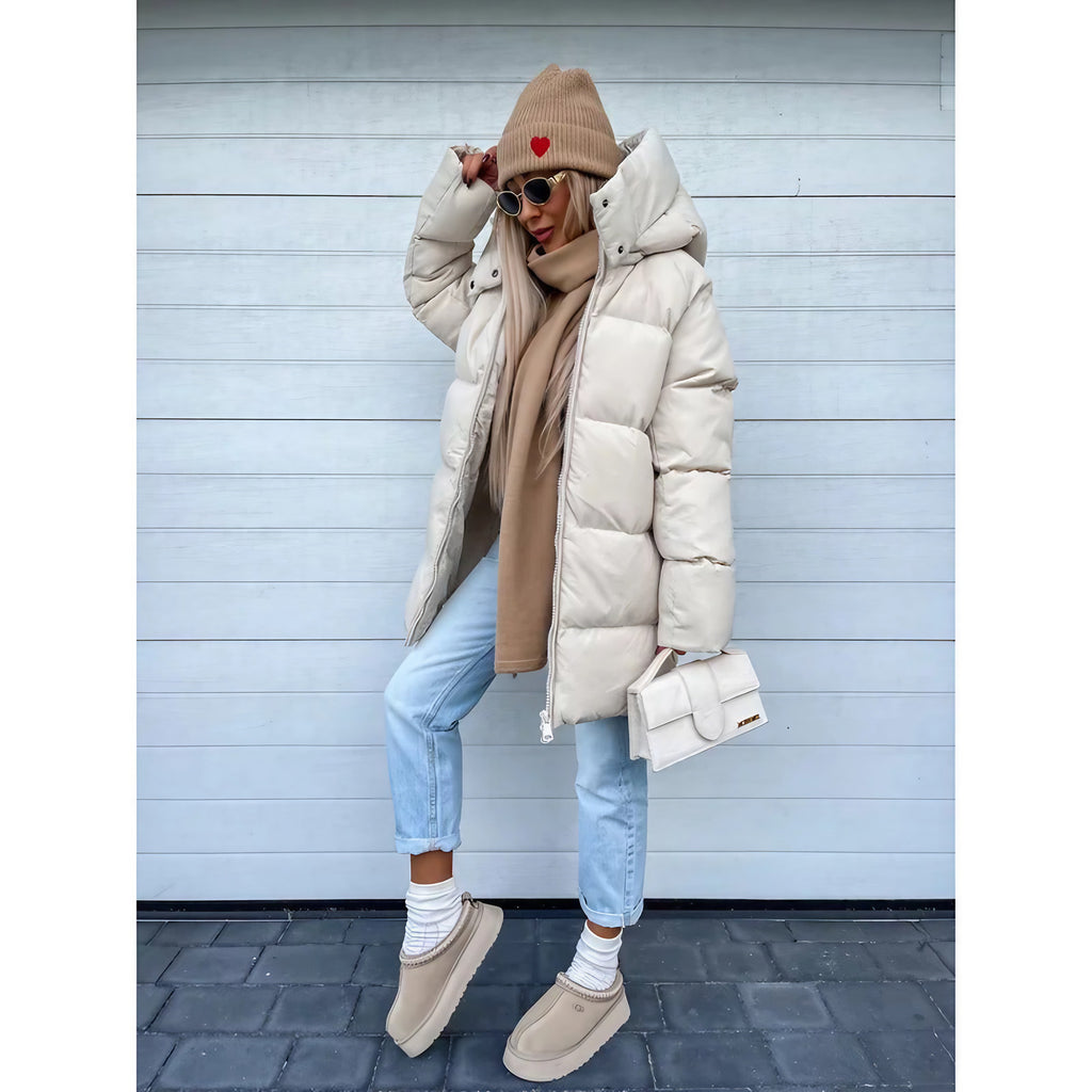 Manteau long femme à capuche et fermeture éclair, pour l'hiver, beige