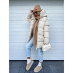 Manteau long femme à capuche et fermeture éclair, pour l'hiver, beige