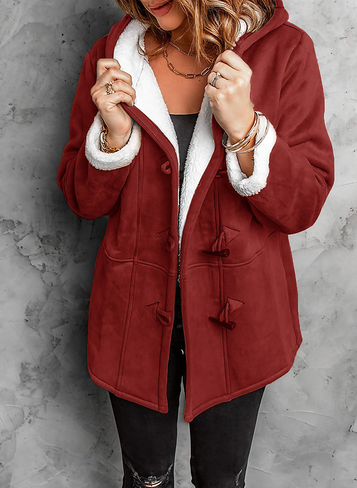 Manteau d'hiver femme mi-long à capuche, fermeture à brandebourgs, bordeaux