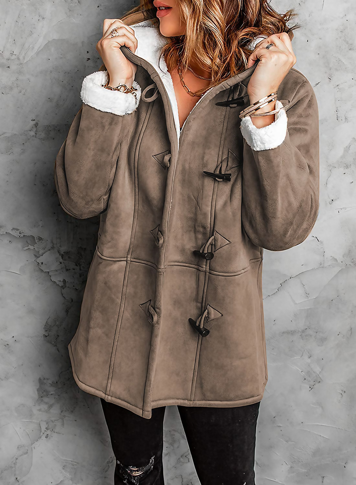 Manteau d'hiver femme mi-long à capuche, fermeture à brandebourgs, auburn