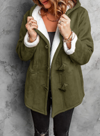 Manteau d'hiver femme mi-long à capuche, fermeture à brandebourgs, vert armée