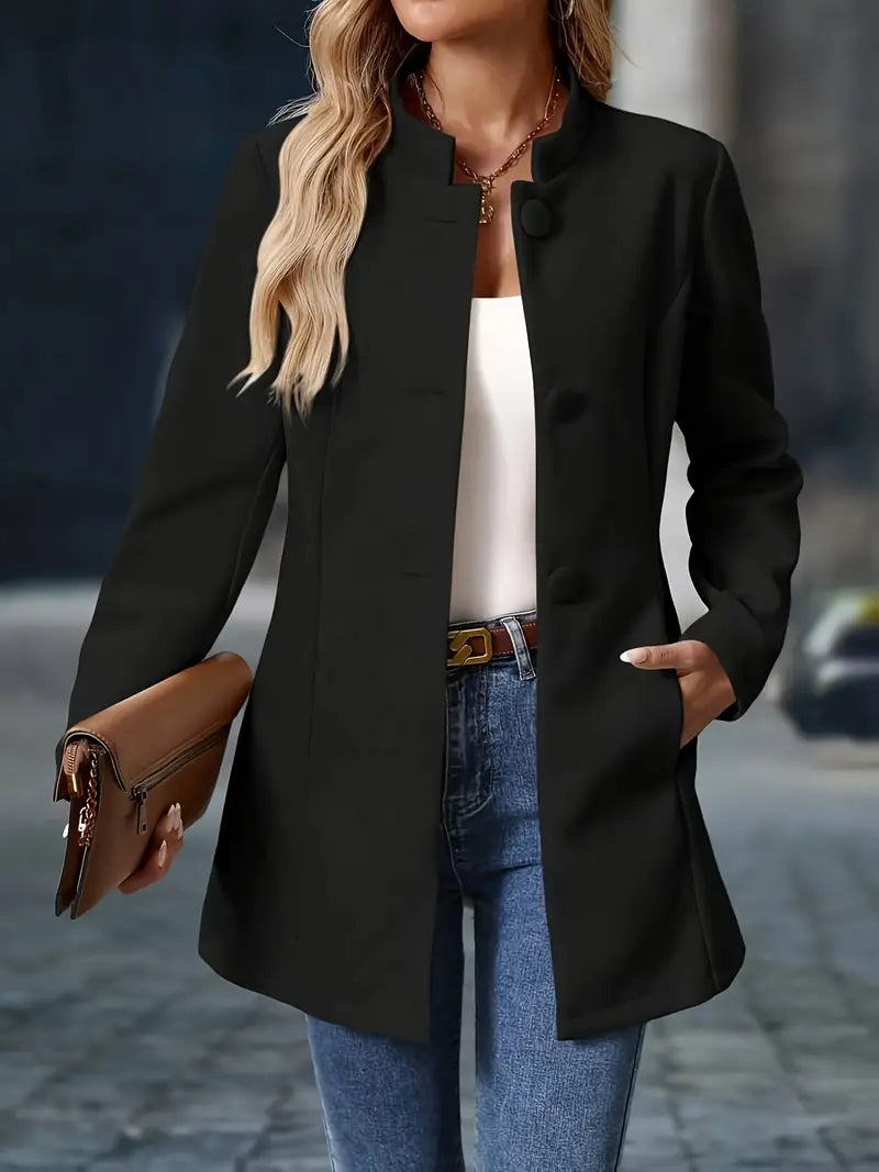 Manteau d'hiver femme mi-long à col montant, boutonné
