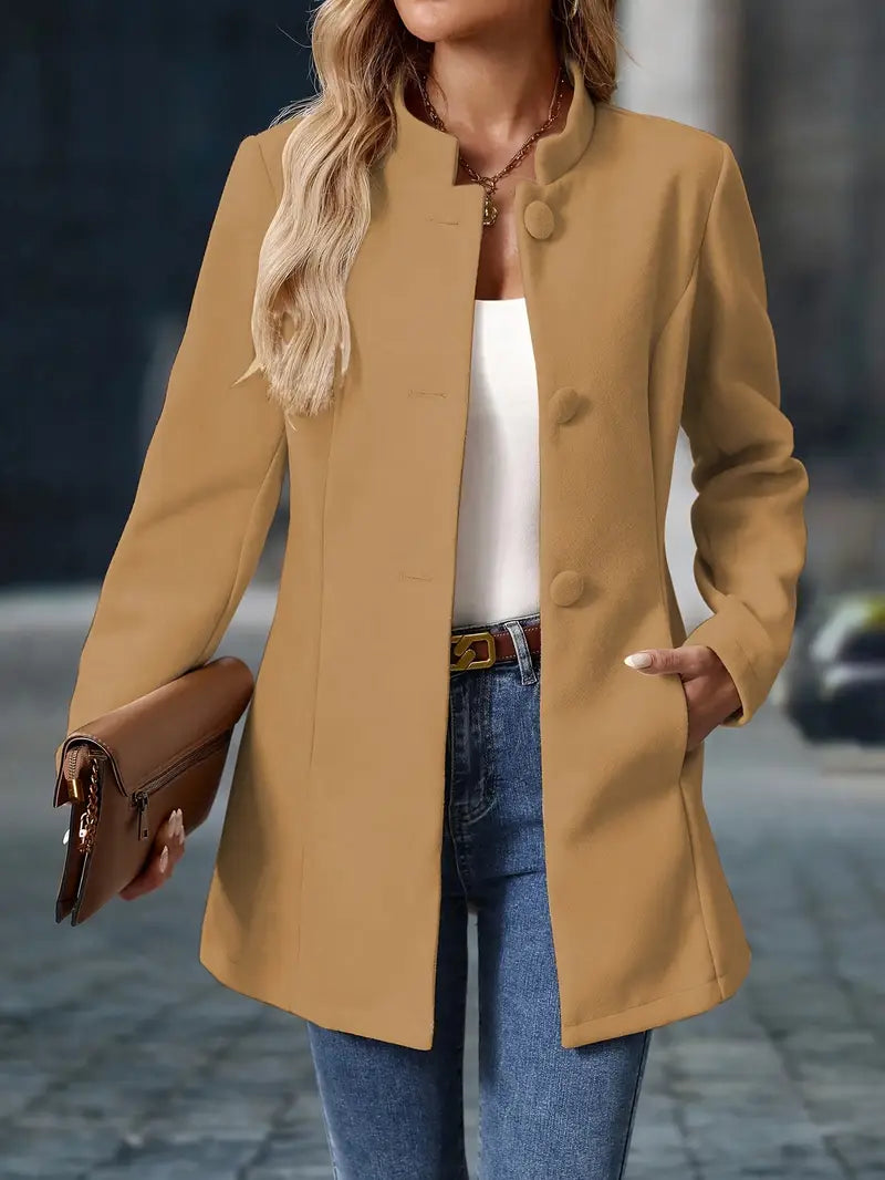 Manteau d'hiver femme mi-long à col montant, boutonné