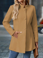 Manteau d'hiver femme mi-long à col montant, boutonné