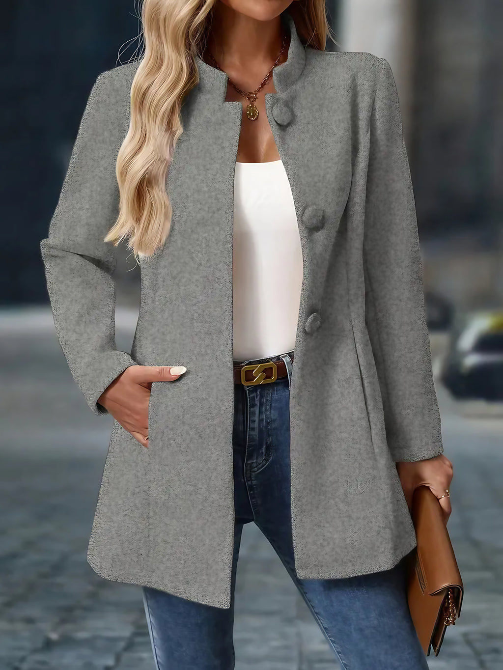 Manteau d'hiver femme mi-long à col montant, boutonné, gris