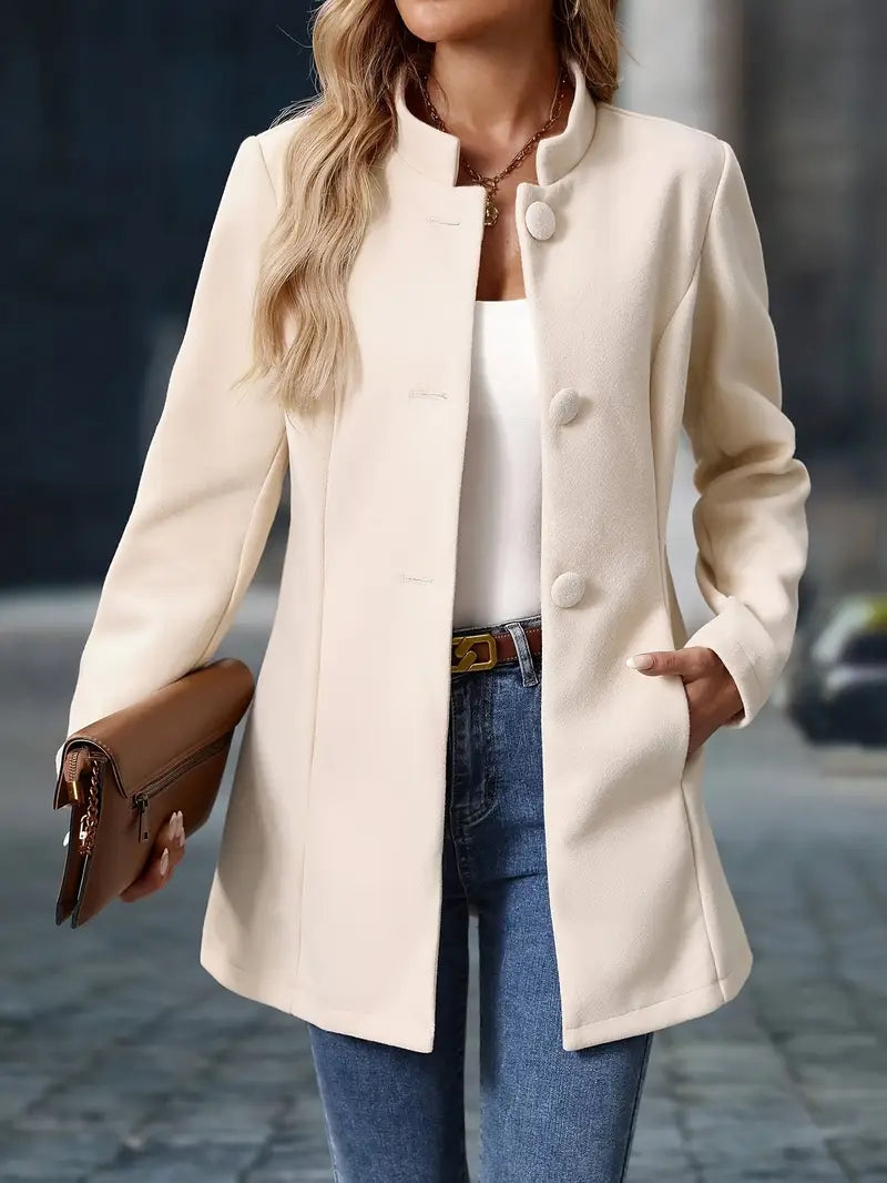 Manteau d'hiver femme mi-long à col montant, boutonné