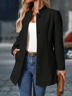 Manteau d'hiver femme mi-long à col montant, boutonné