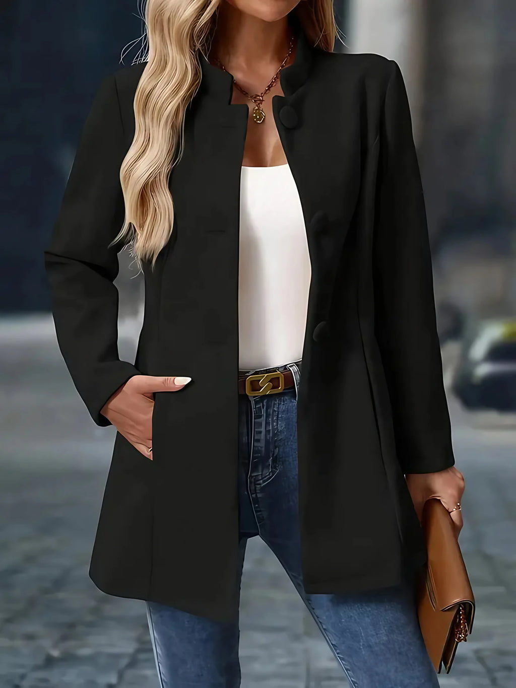 Manteau d'hiver femme mi-long à col montant, boutonné, noir