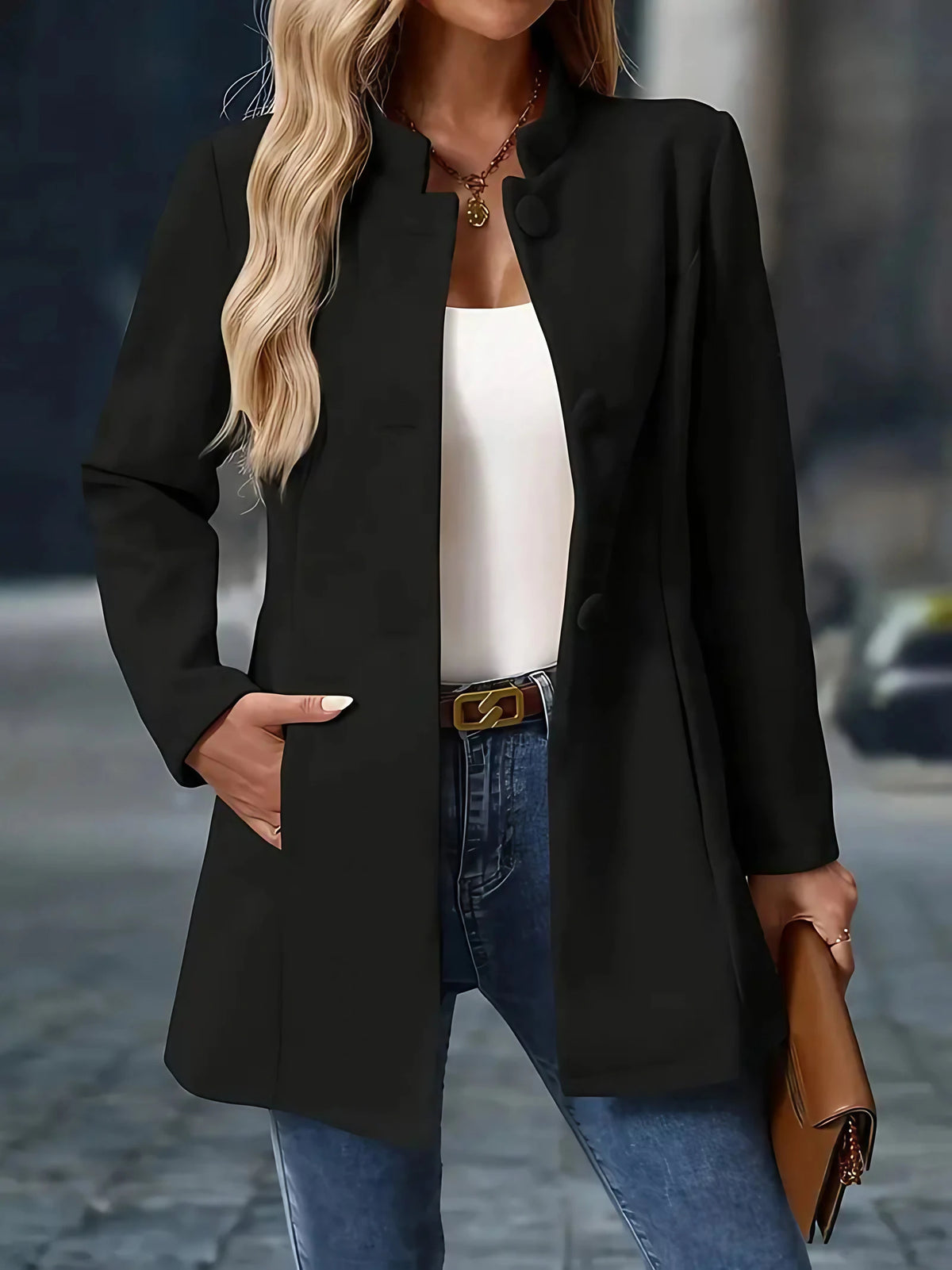 Manteau d'hiver femme mi-long à col montant, boutonné, noir