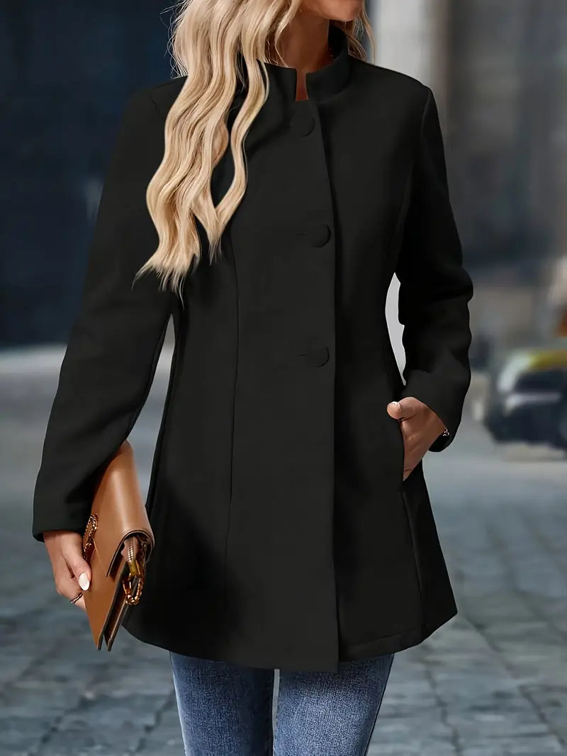 Manteau d'hiver femme mi-long à col montant, boutonné