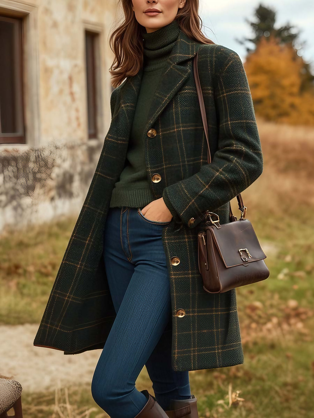 Manteau long femme à carreaux, boutonné, vert foncé, vert foncé