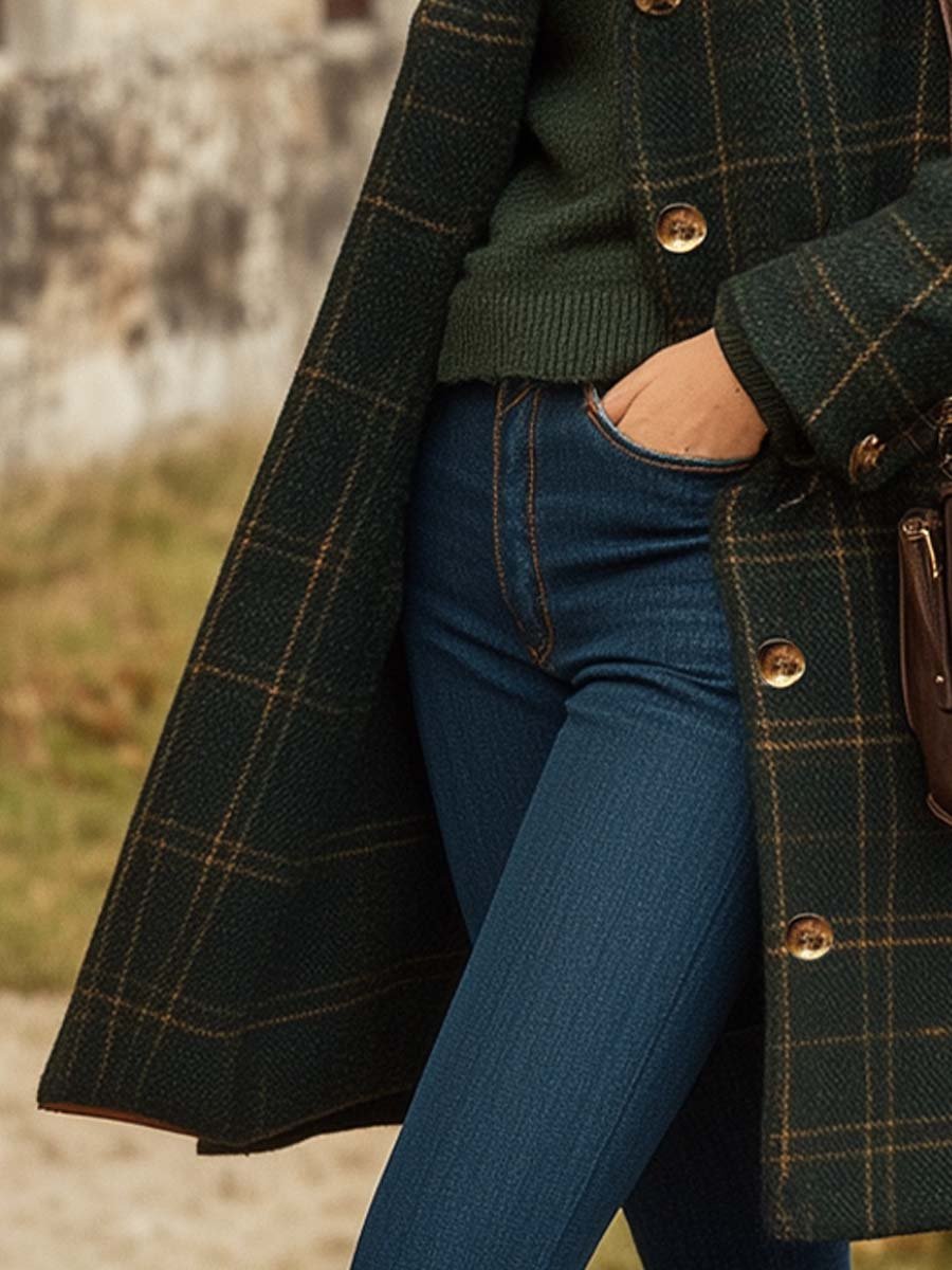 Manteau long femme à carreaux, boutonné, vert foncé