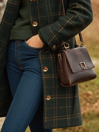 Manteau long femme à carreaux, boutonné, vert foncé