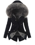 Manteau long femme d'hiver, coupe ajustée, zip et boutons, noir