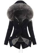 Manteau long femme d'hiver, coupe ajustée, zip et boutons, noir