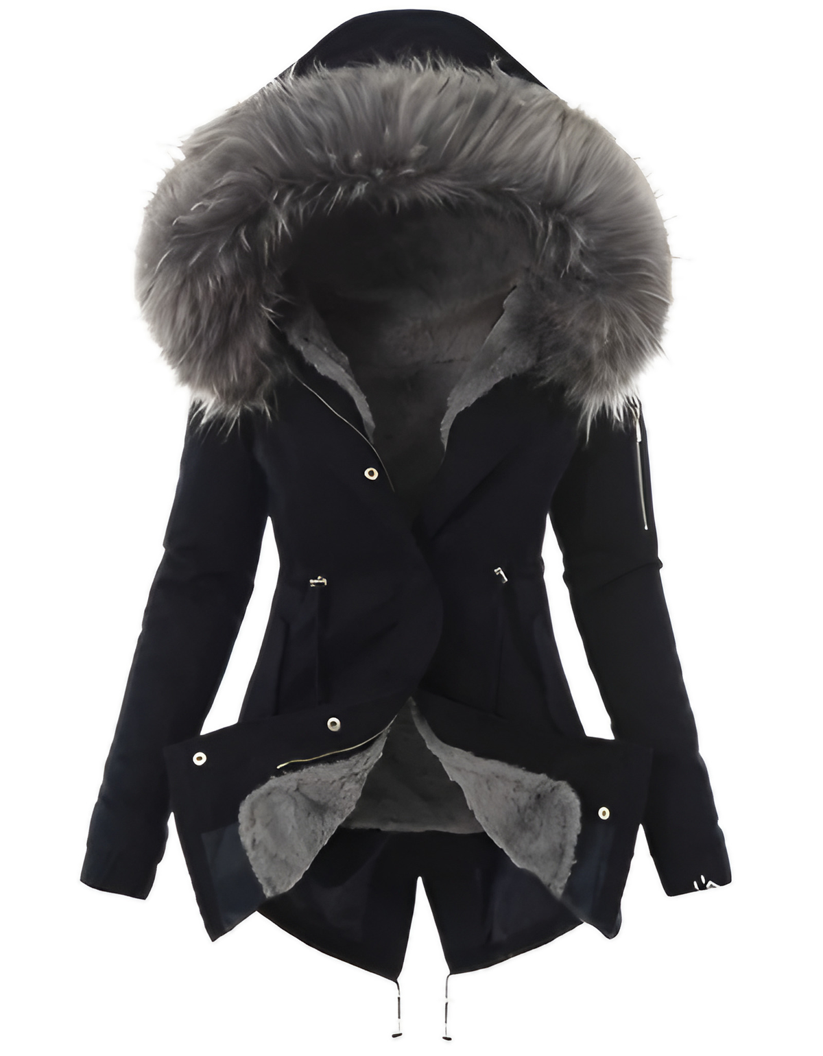 Manteau long femme d'hiver, coupe ajustée, zip et boutons, noir
