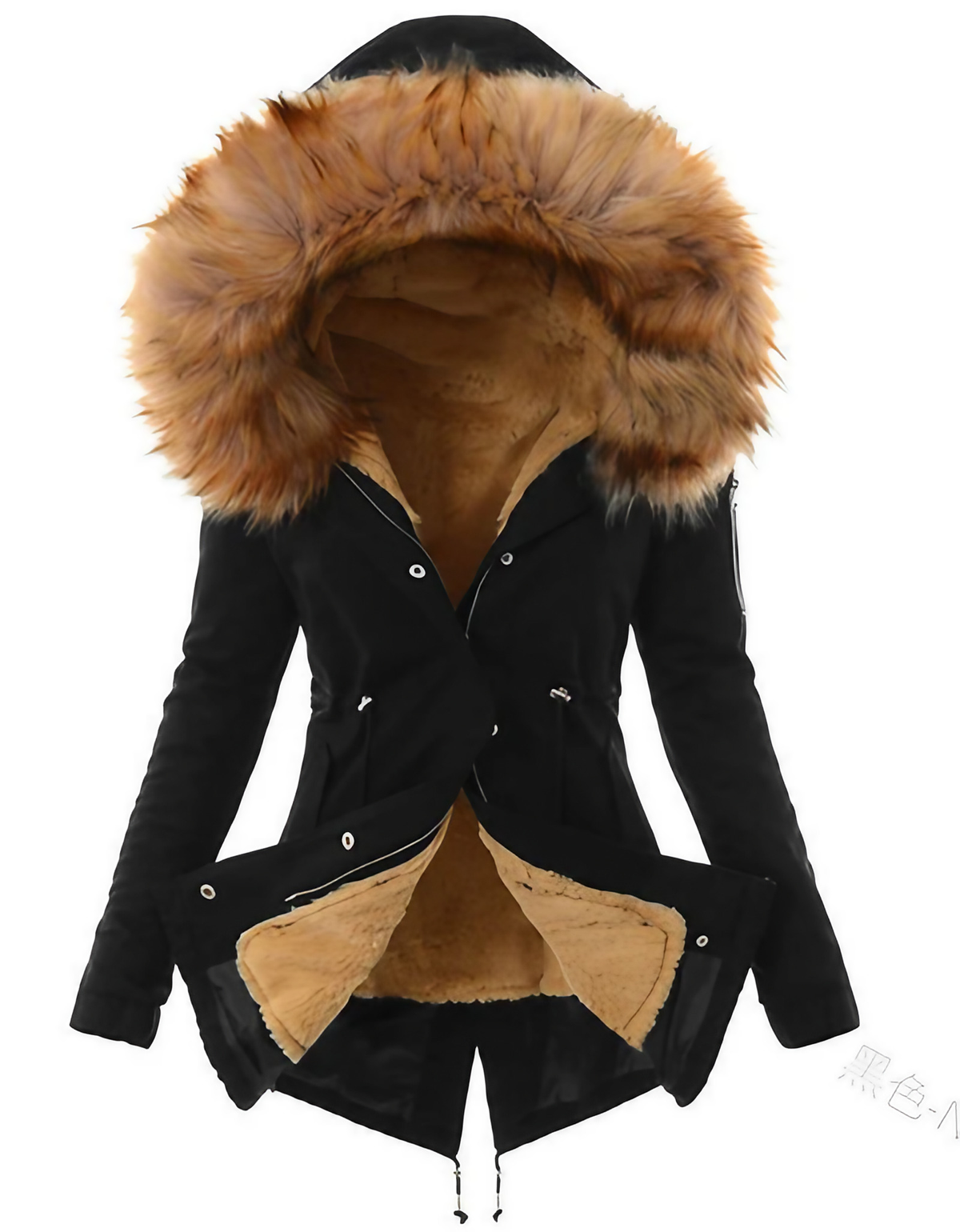 Manteau long femme d'hiver, coupe ajustée, zip et boutons, marron