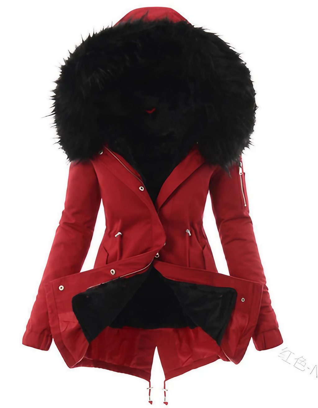 Manteau long femme d'hiver, coupe ajustée, zip et boutons, rouge