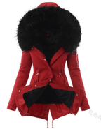Manteau long femme d'hiver, coupe ajustée, zip et boutons, rouge