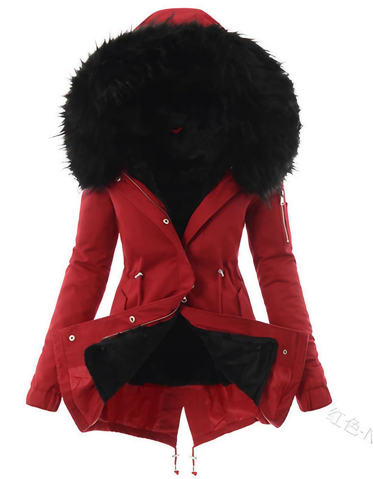 Manteau long femme d'hiver, coupe ajustée, zip et boutons, rouge