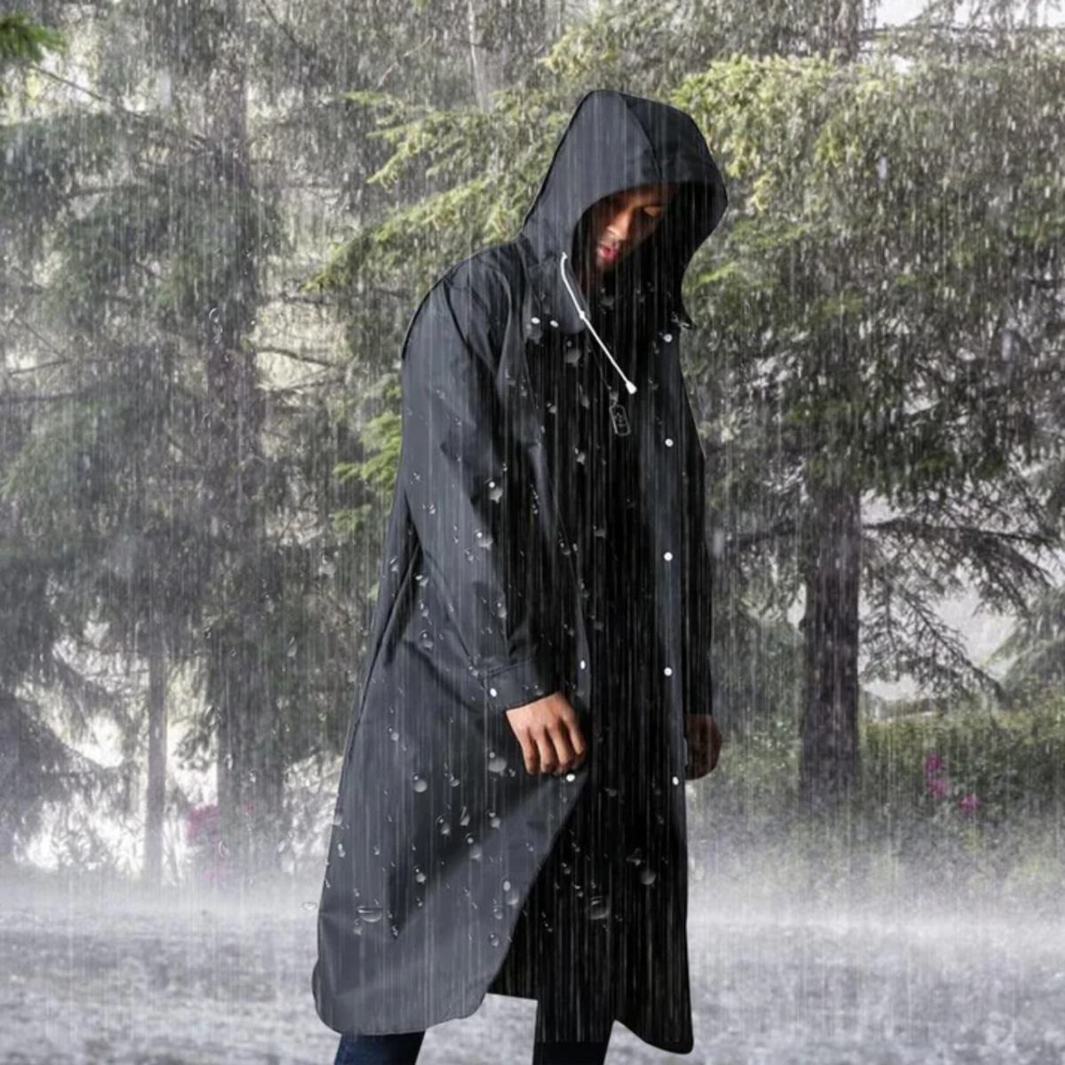 Imperméable long homme à capuche ajustable, noir, du XS au 4XL