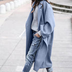 Manteau long femme d'hiver à grand col, longueur genou, bleu