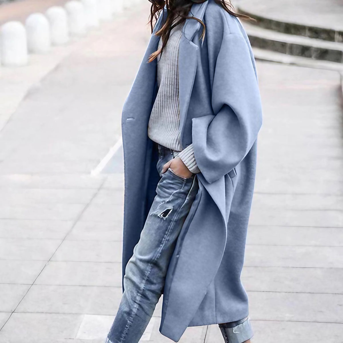Manteau long femme d'hiver à grand col, longueur genou, bleu