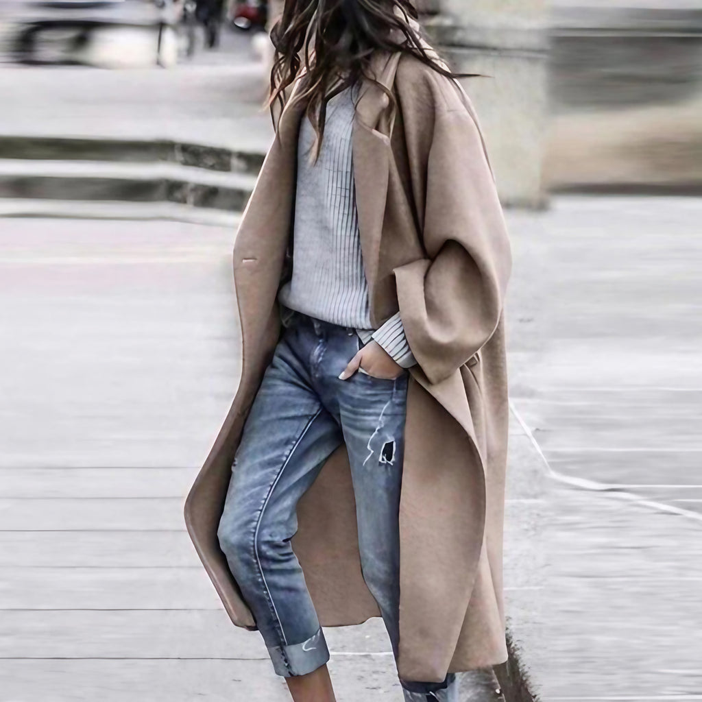 Manteau long femme d'hiver à grand col, longueur genou, kaki