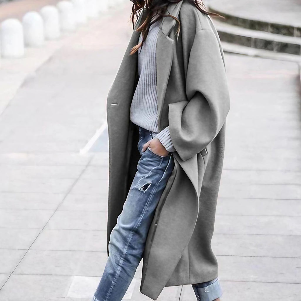 Manteau long femme d'hiver à grand col, longueur genou, gris