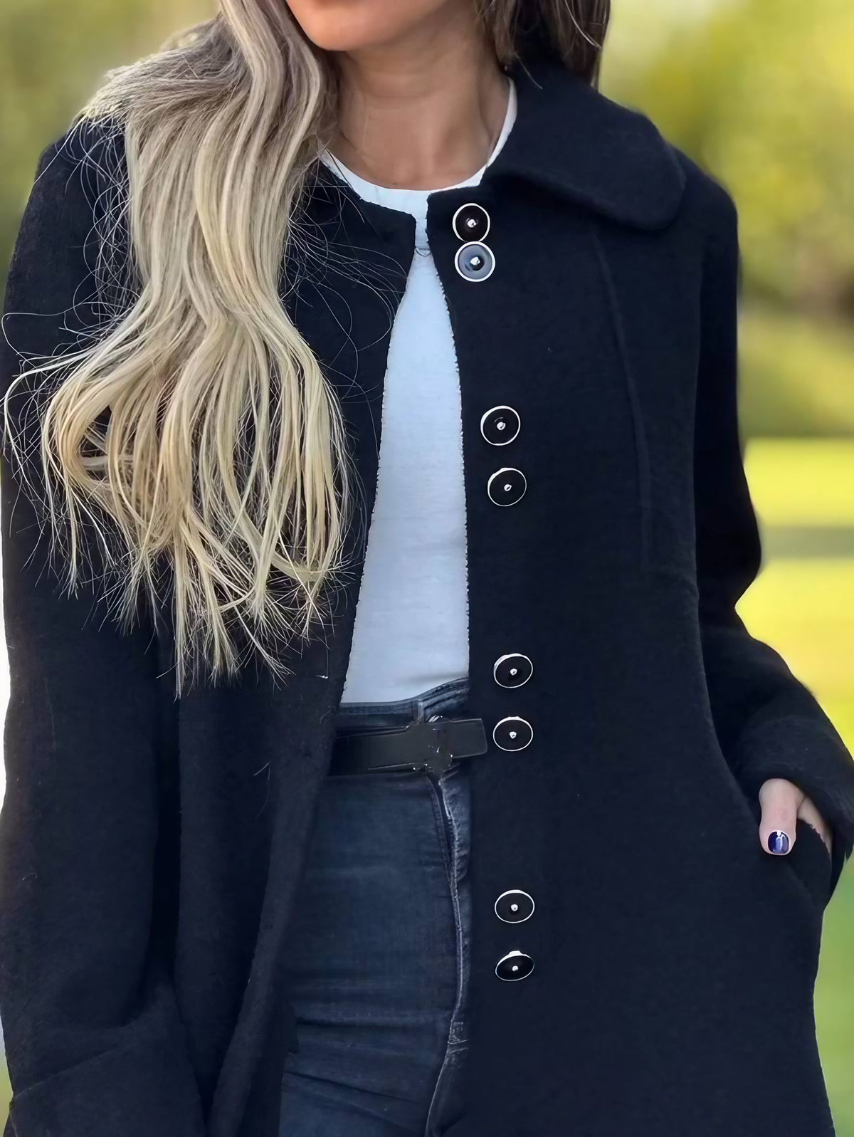 Manteau d'hiver femme à col à revers et boutons, trois coloris, bleu marine