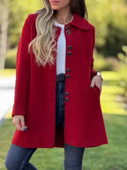 Manteau d'hiver femme à col à revers et boutons, trois coloris, rouge