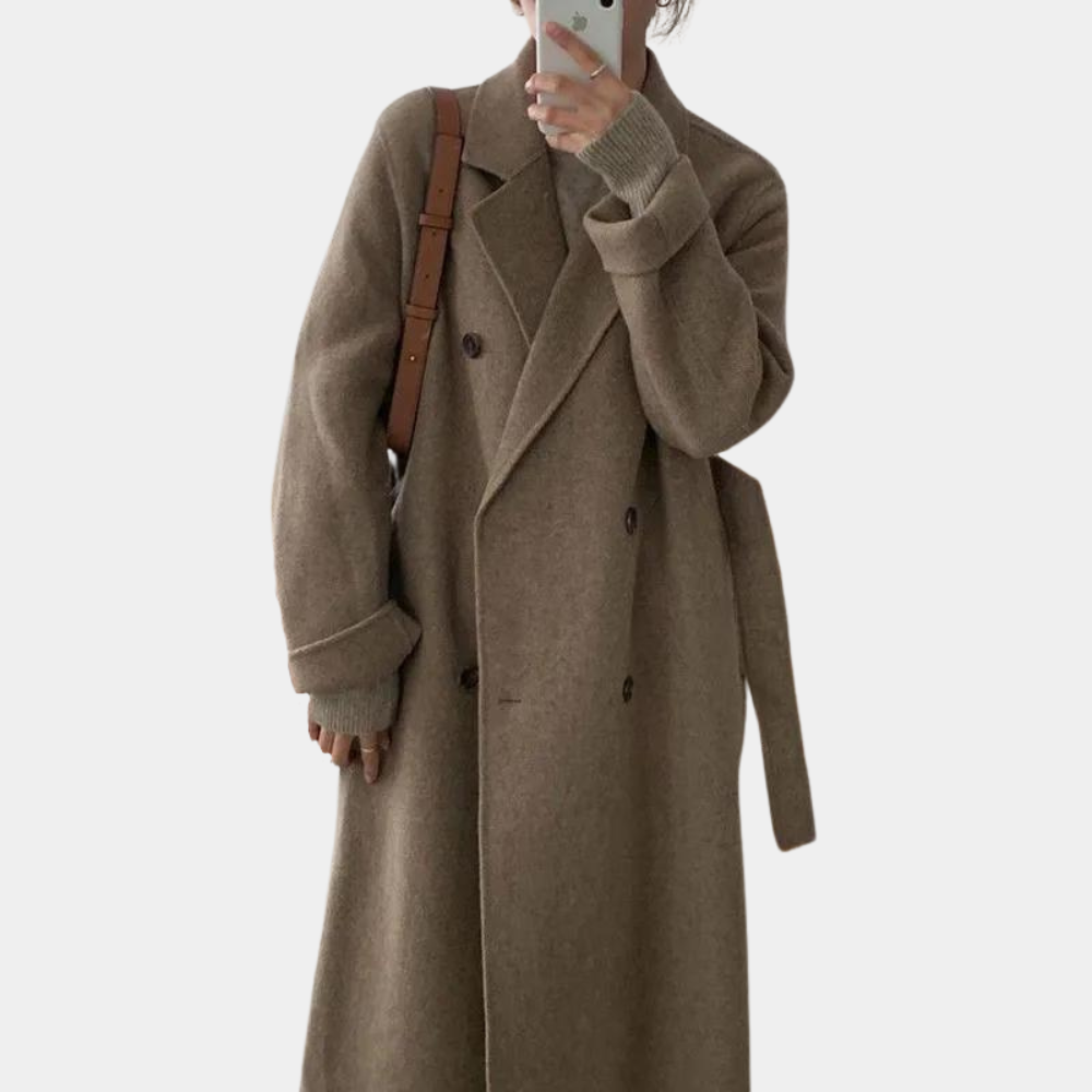 Manteau long femme d'hiver à double boutonnage, avec poches, marron