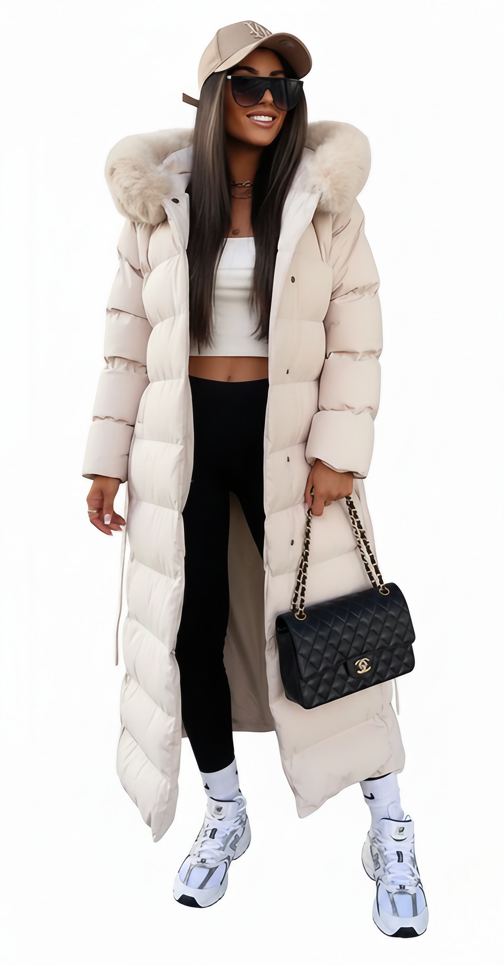 Doudoune longue femme à ceinture, col en fausse fourrure, blanc