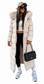 Doudoune longue femme à ceinture, col en fausse fourrure, blanc