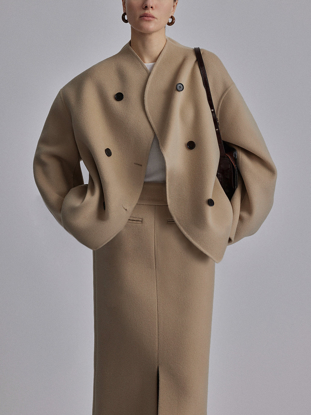 Manteau femme boutonné effet peluche, coupe décontractée, kaki