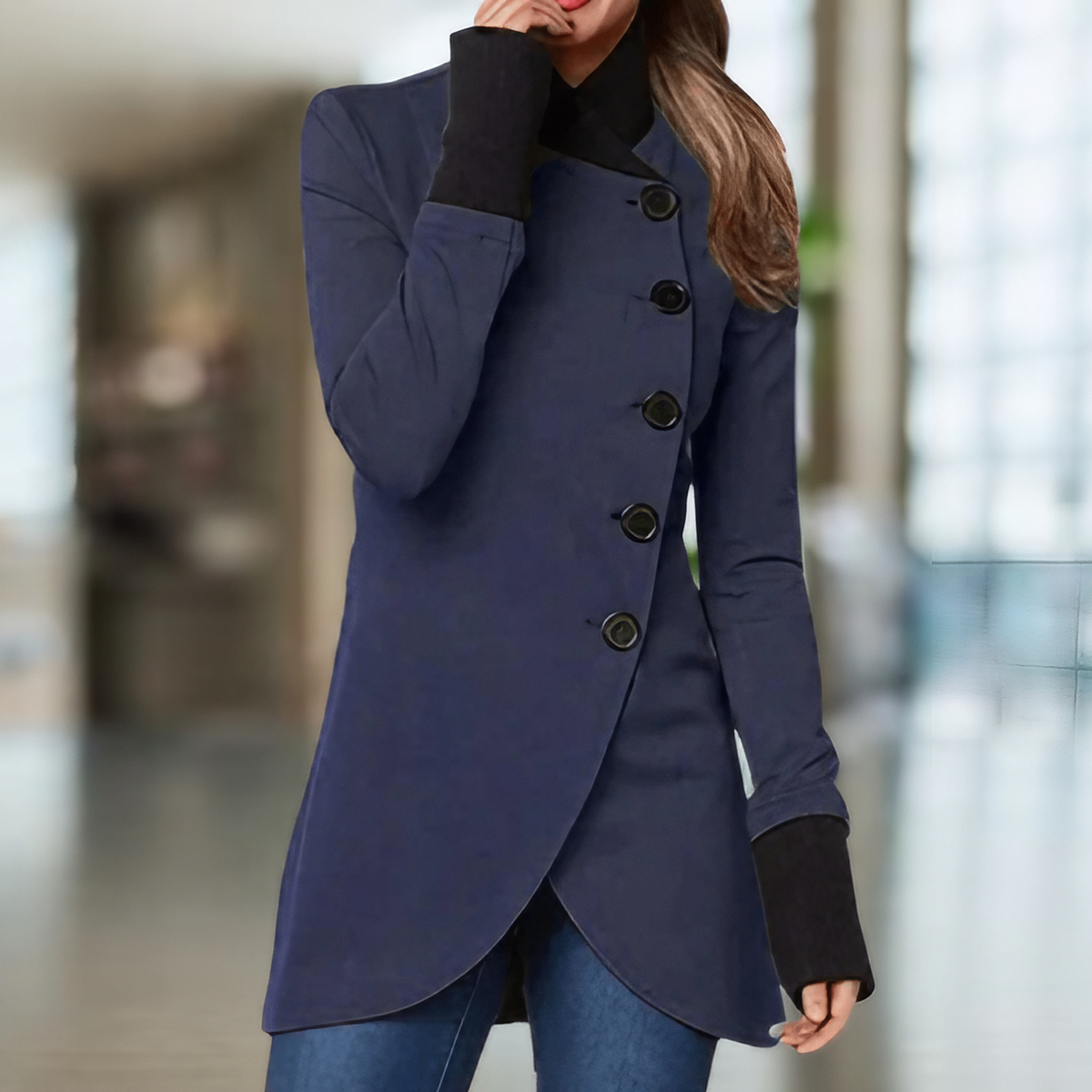 Manteau d'hiver femme à coupe asymétrique, du XS au 3XL, bleu marine
