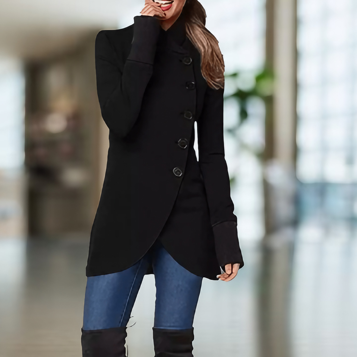 Manteau d'hiver femme à coupe asymétrique, du XS au 3XL, noir