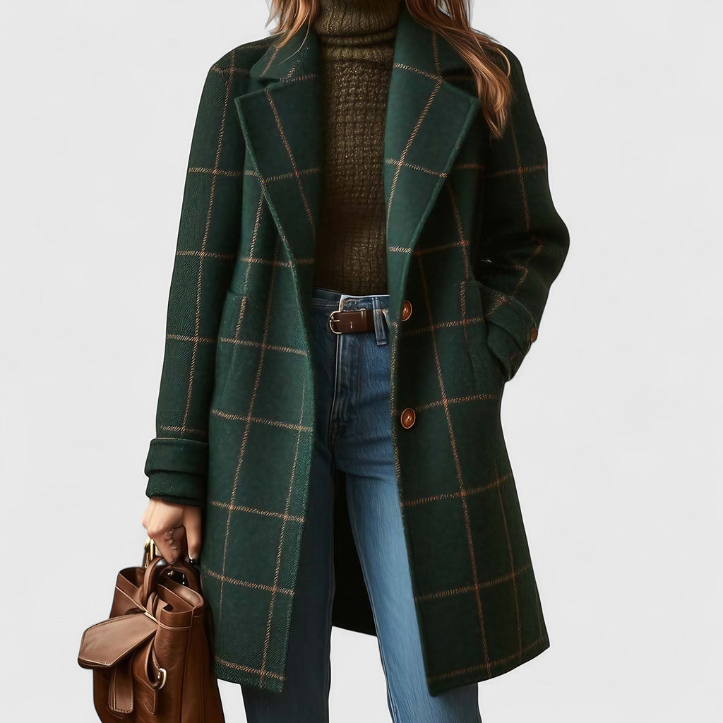 Manteau à carreaux femme vert foncé, coupe ajustée, boutonné, vert foncé