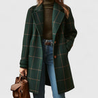 Manteau à carreaux femme vert foncé, coupe ajustée, boutonné, vert foncé