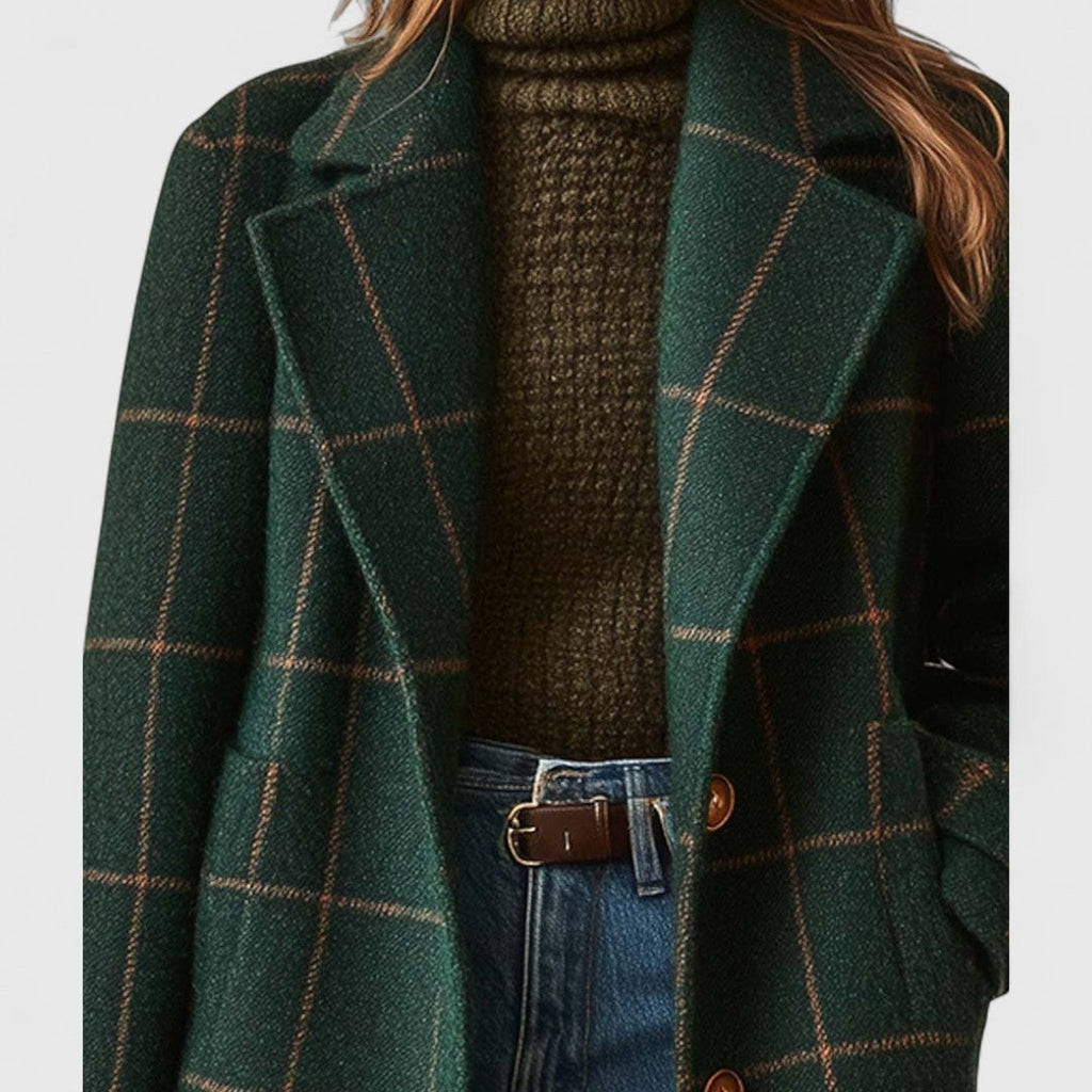 Manteau à carreaux femme vert foncé, coupe ajustée, boutonné