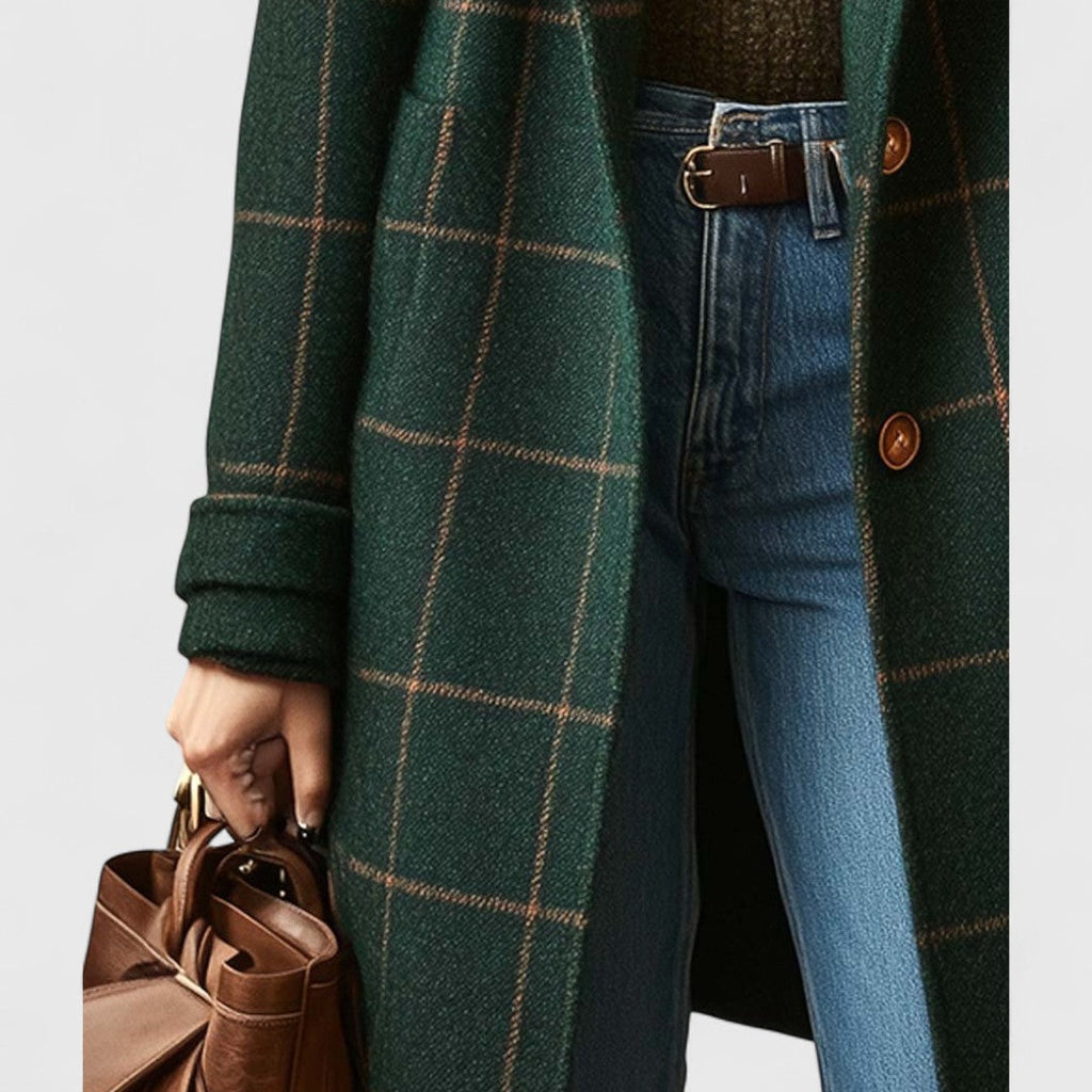 Manteau à carreaux femme vert foncé, coupe ajustée, boutonné